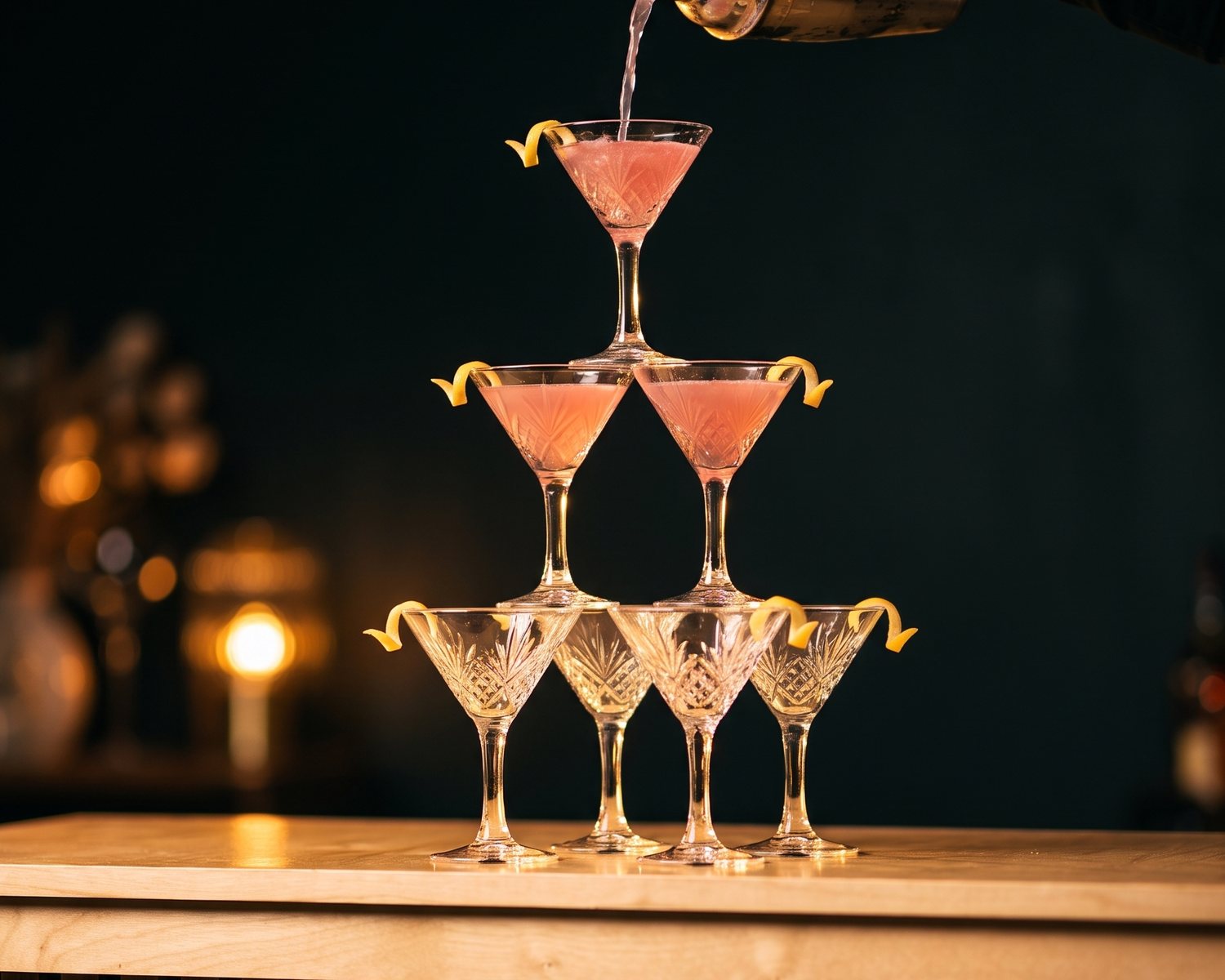 A pink cocktail poured down a martini tower